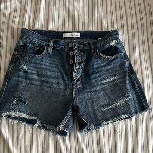 KanCan Women's Button-Fly Distressed Jean Shorts - Dark Blue